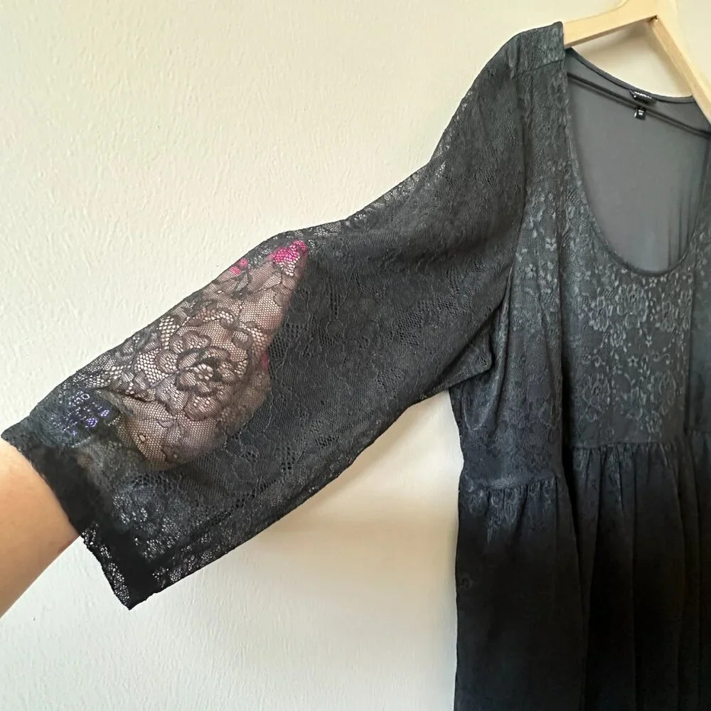 Women's Plus 3 Torrid Black Lace Fluted 3/4 Sleeve Pockets Dress Round Neck - Picture 4 of 8